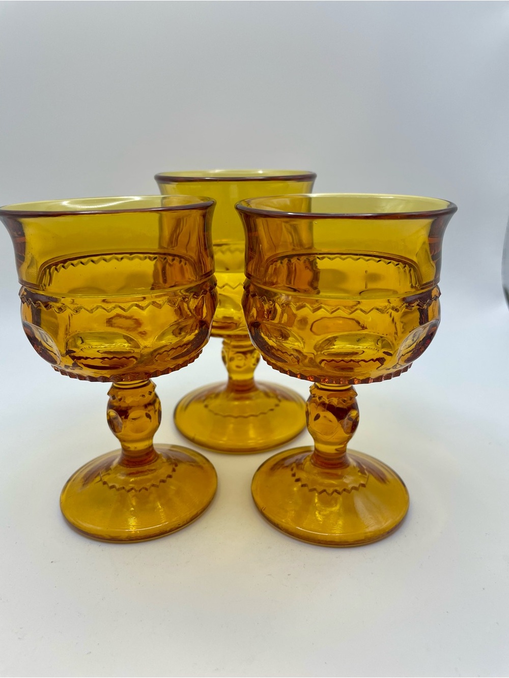 Vintage Kings Crown Indiana Glass Amber Thumbprint Wine Goblets Set of 3